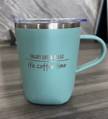 Caneca de café de aço inoxidável isolada com copo de parede dupla para viagem com alça e tampa sem BPA